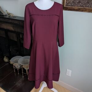 TALBOTS Size 10 Burgundy 3/4 Sleeve Crepe Fit & Flare Midi Dress Crochet 163C